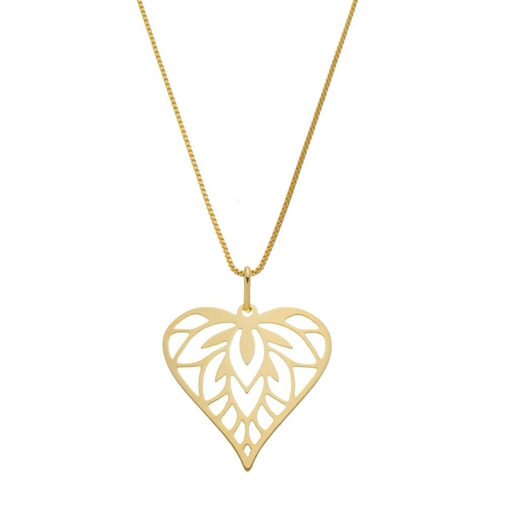Pingente De Coração Com flores Dentro Banhado a Ouro 18k